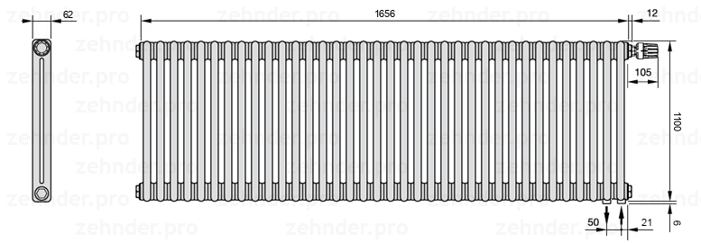 Схема (чертеж) Радиатор Zehnder Charleston 2110/36 №V002 Белый глянцевый RAL 9016